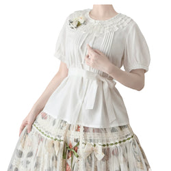 Lolita Ruffle Collar Summer Blouse Tencel Cotton Round Neck Shirt Bow Vintage Lace Puff Sleeve Top