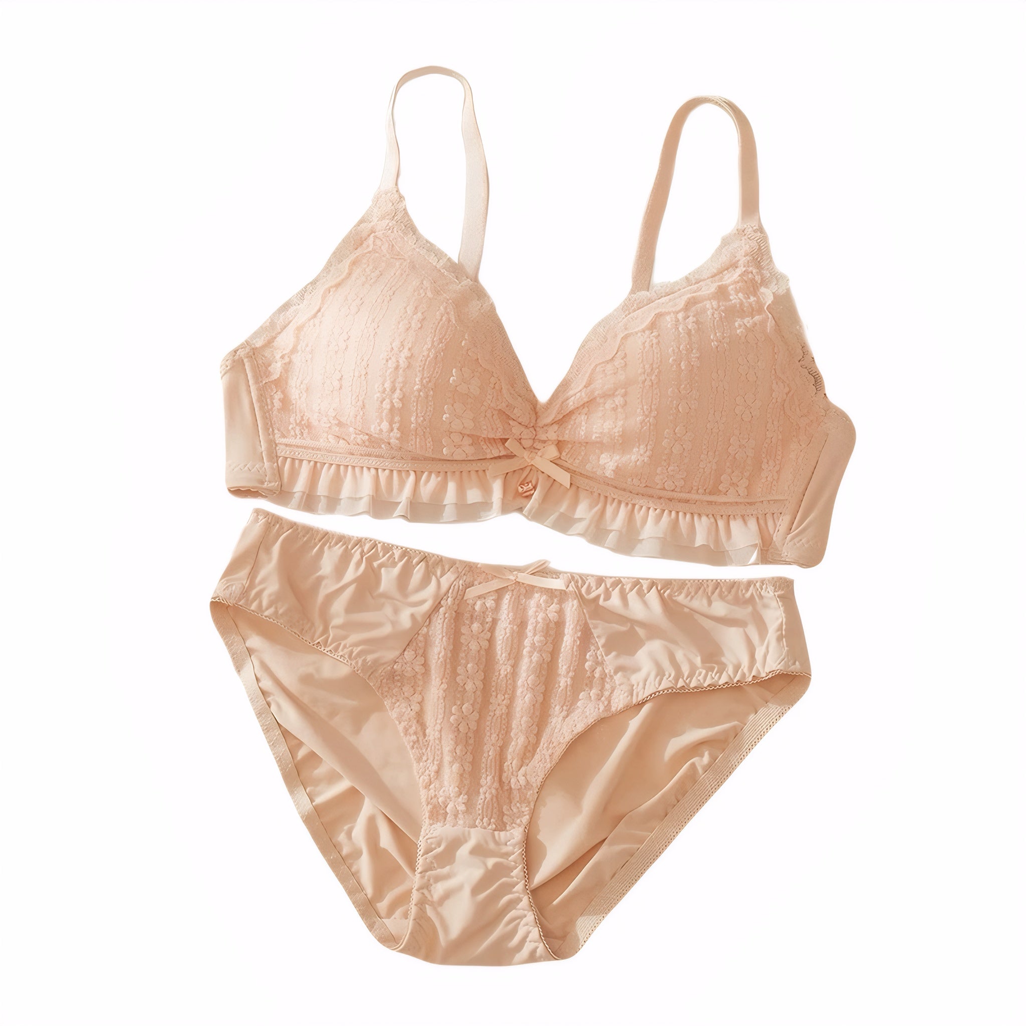 Soft lace wireless bra and panty set for teen girls with frill detail – available in white, cream, pink, and black