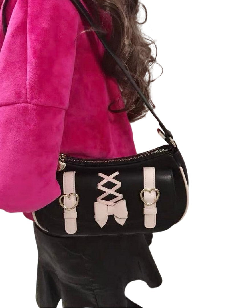 Kawaii Lolita Heart Buckle Shoulder Bag with Bow PU Leather Corset Lace Handbag for Ladies