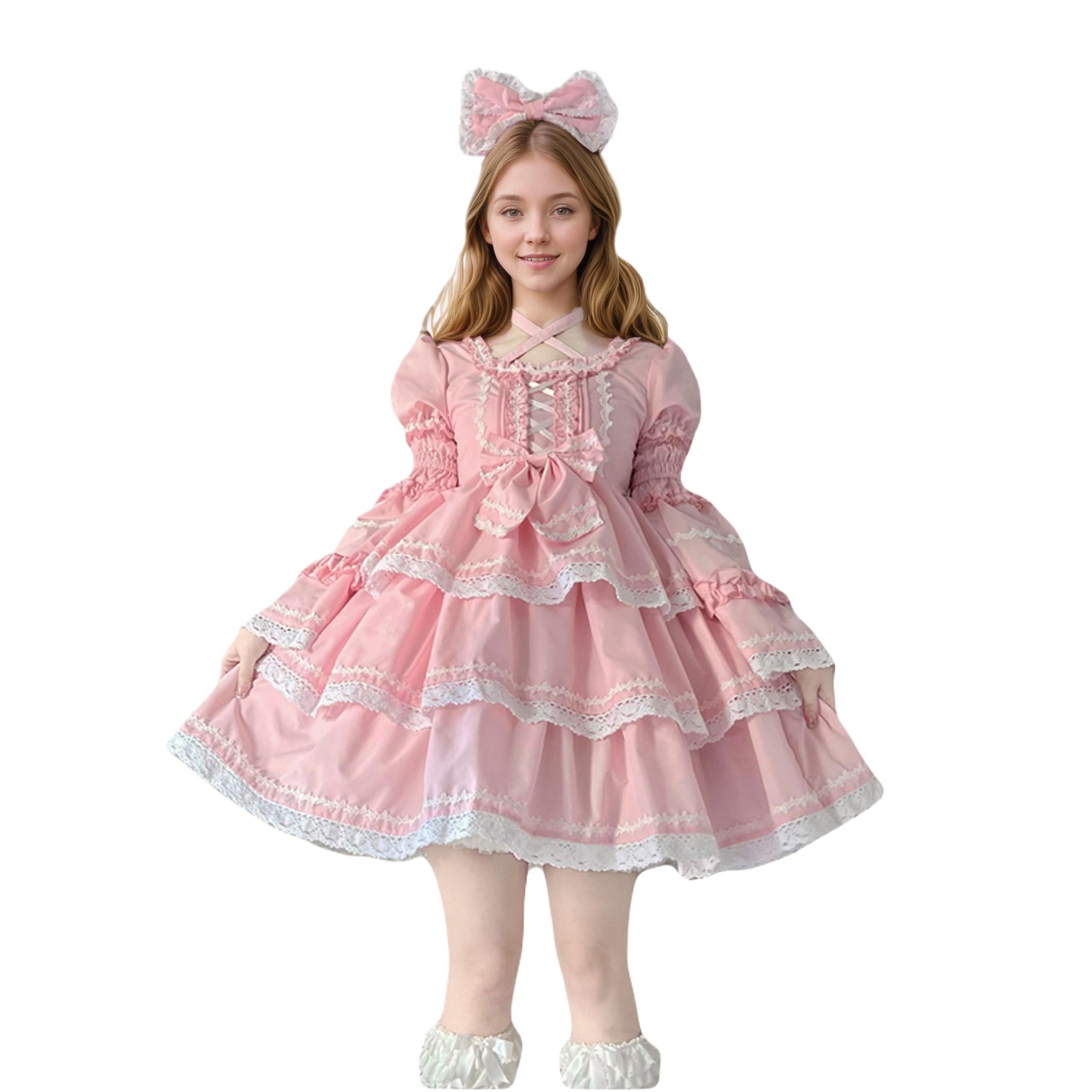 Sweet Lolita pink dress with white lace and detachable sleeves sweet lolita cosplay dress for girls
