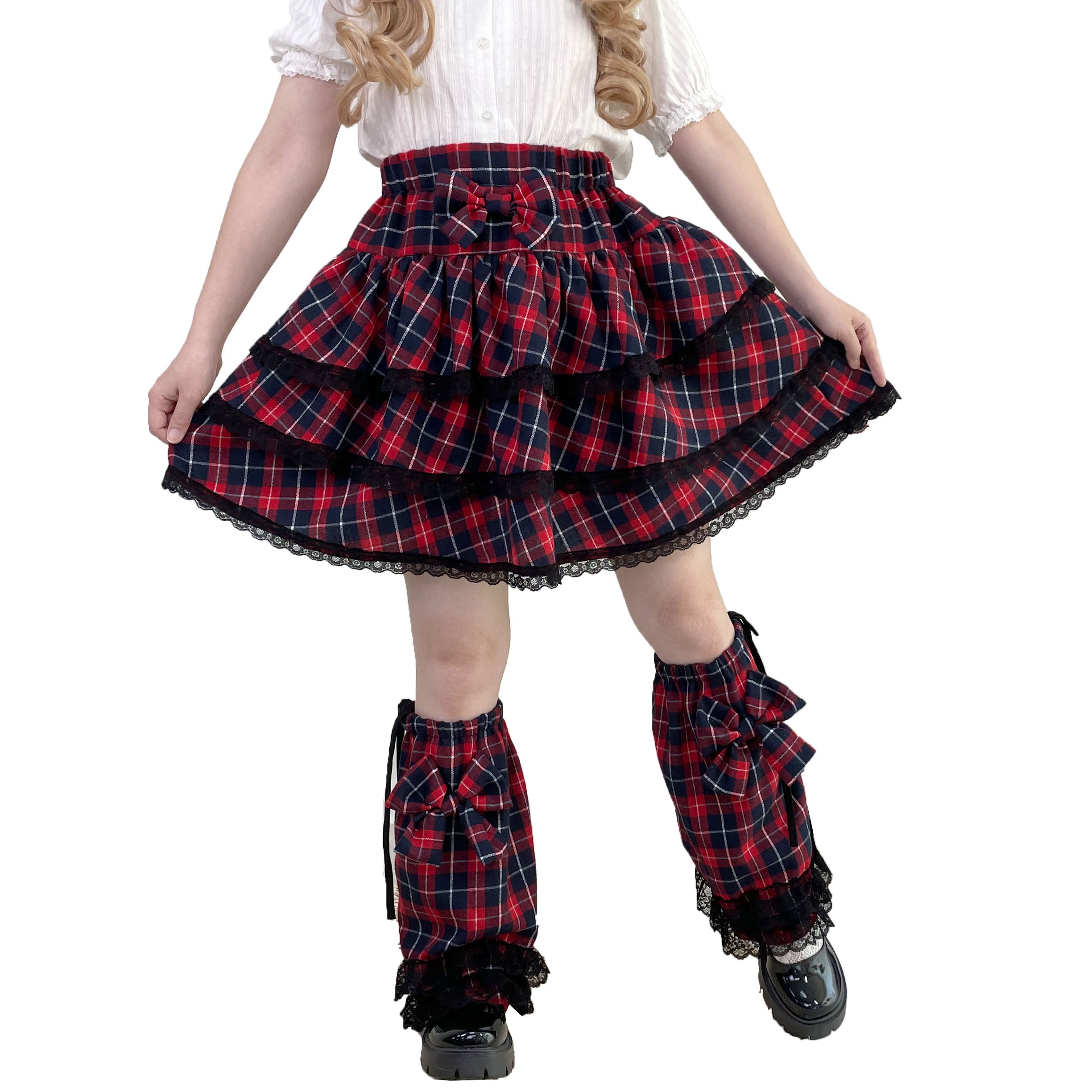 red tartan skirt set kawaii leg warmers, sweet lolita fashion harajuku outfit gothic lolita skirt red for girls cosplay costume