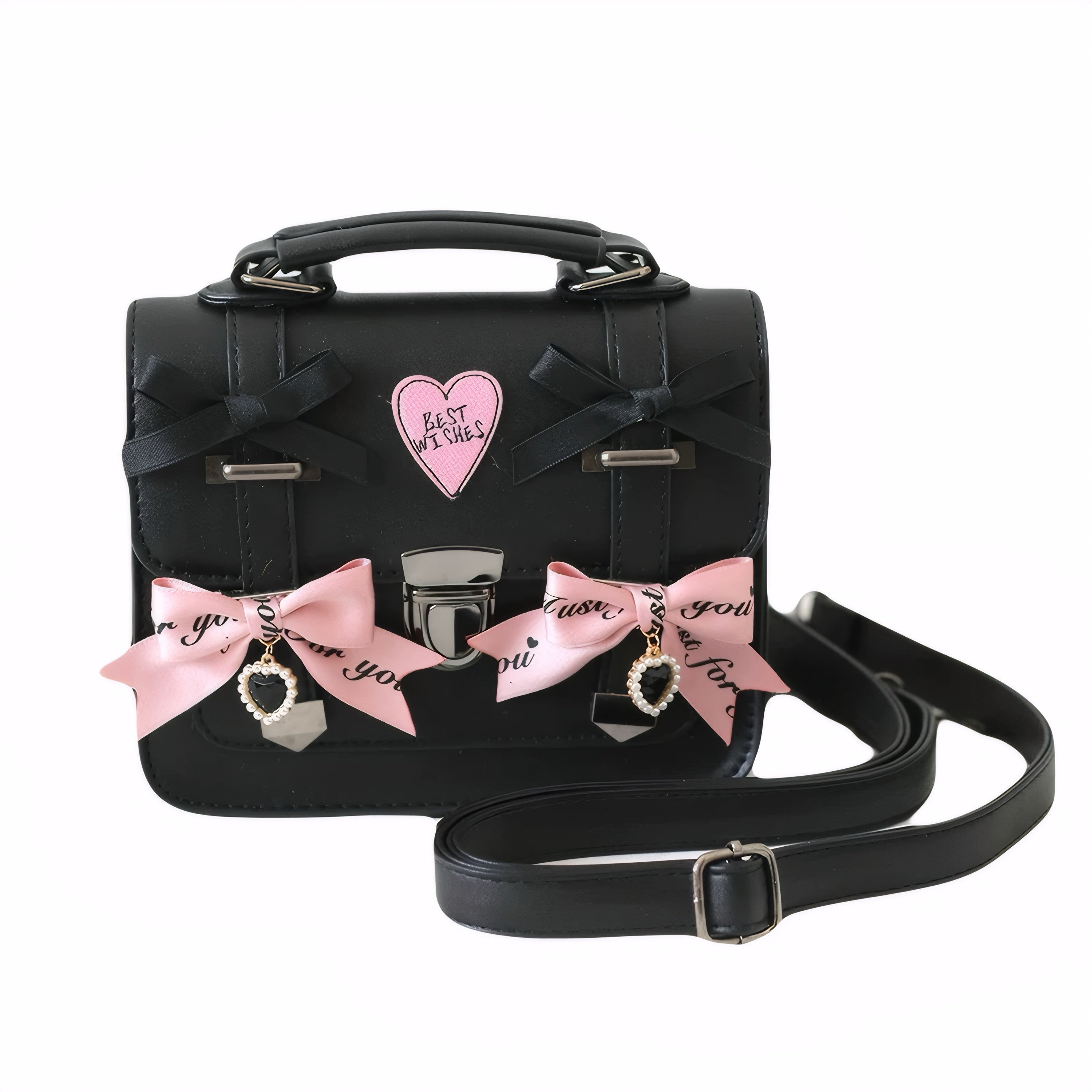 Sweet punk JK-style black crossbody satchel with pink bows, heart-shaped rhinestone charms, and top handle