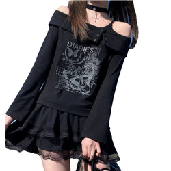 Off shoulder black long sleeve top with butterfly print on model