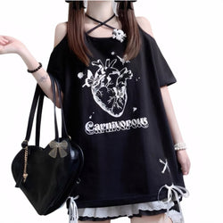 White heart graphic on black oversized tee with cute bow details