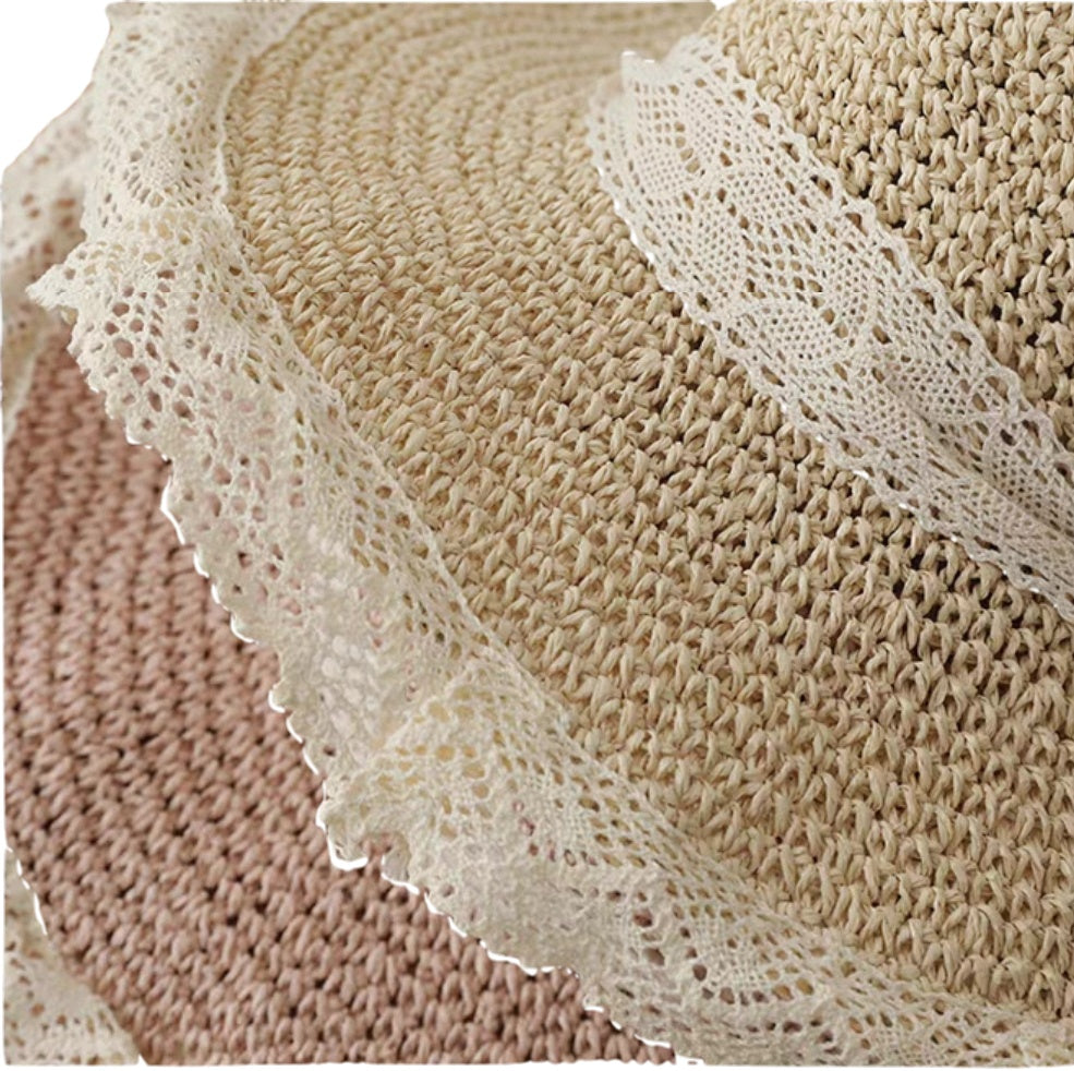 French Style Lace Trim Straw Sun Hat for Women Wide Brim Summer Beach Hat with Bow Floppy Paper Straw Fisherman Cap