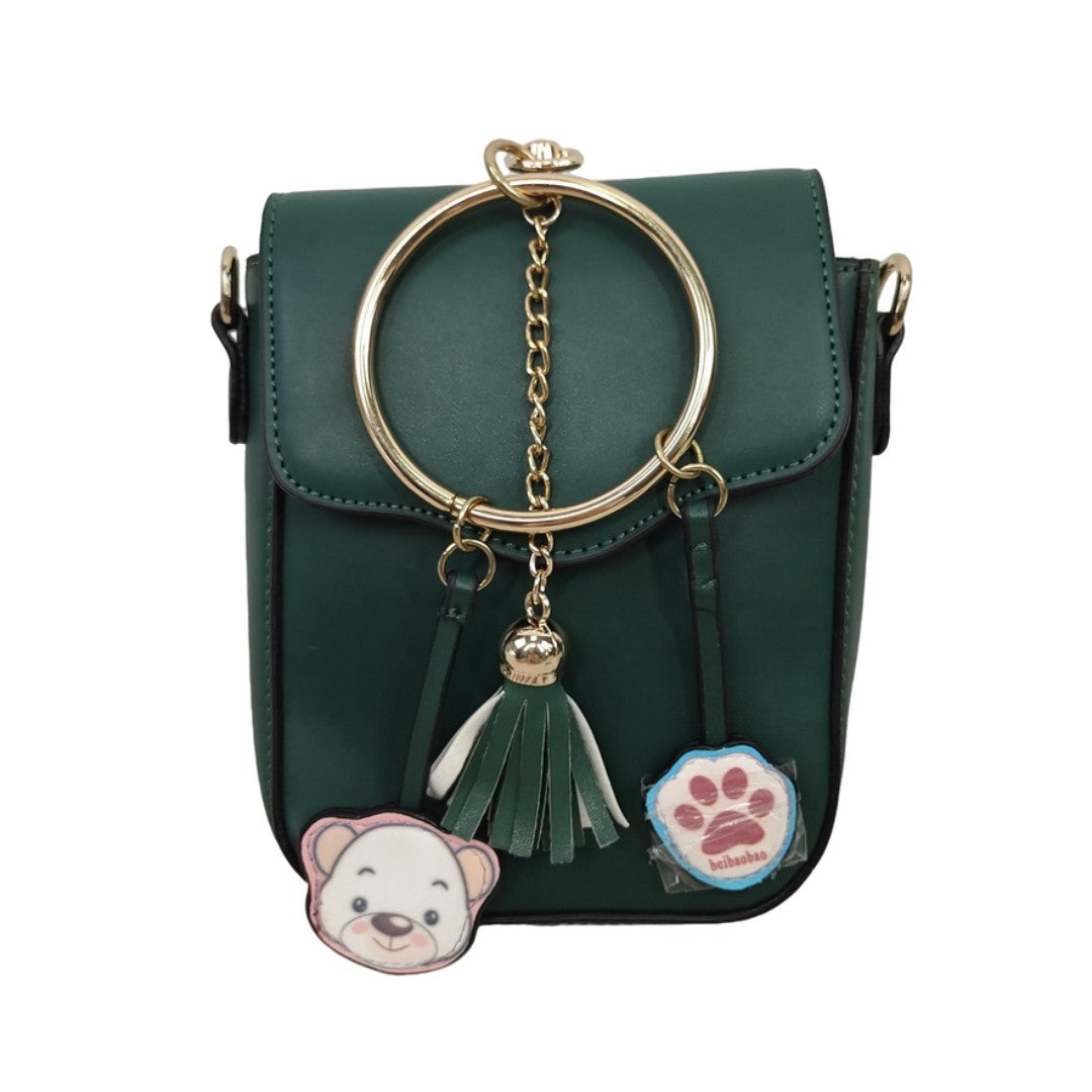 Women’s Small Crossbody Bag Green PU Leather Shoulder Purse with Gold Ring Handle & Tassel Charm
