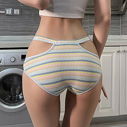 Women's Underwear Lingerie Panties Cotton Hollow Out Rainbow Stripe Lady Brief 2 Pack