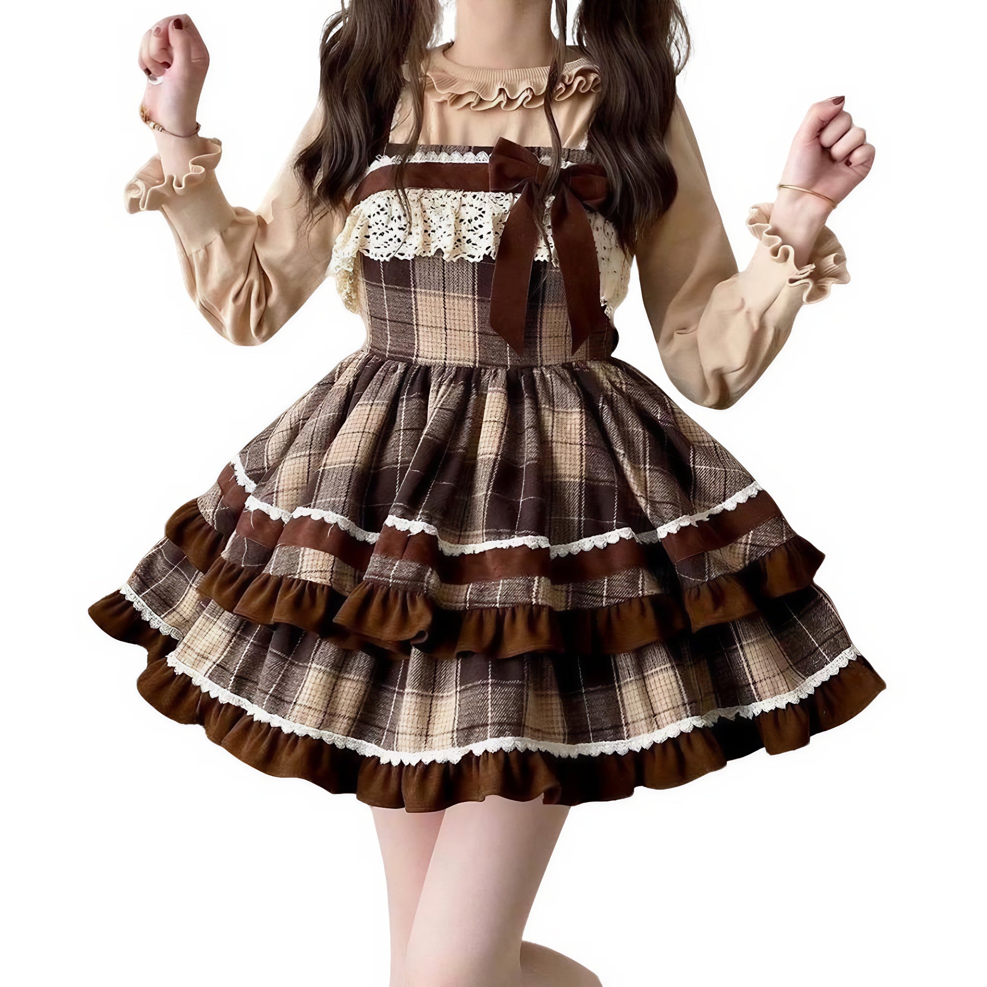 Brown plaid Lolita dress with ruffles and lace bows