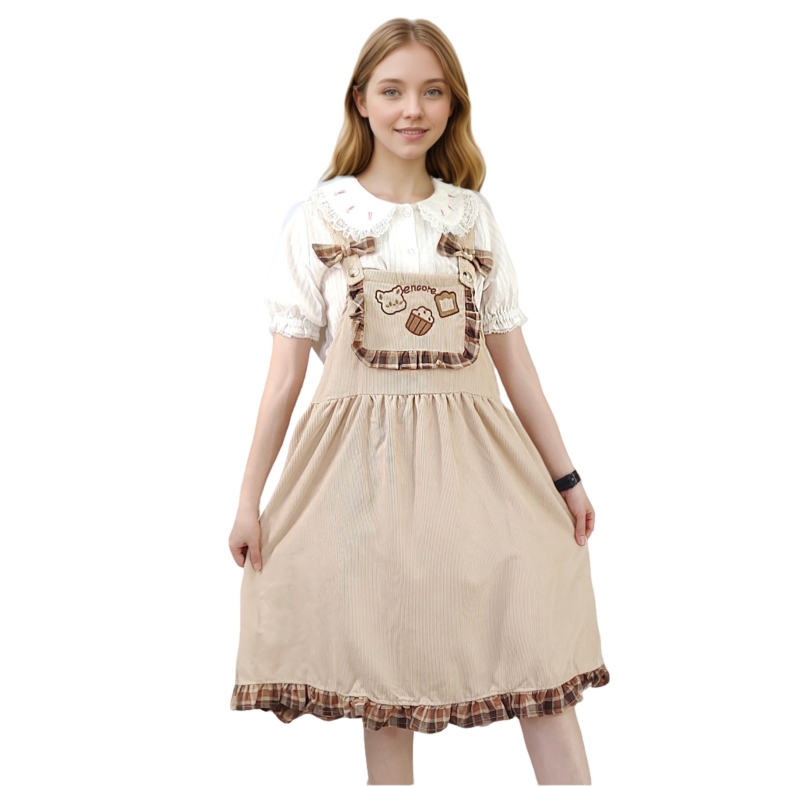 Beige overall dress with plaid hem and sweet bow straps bear embroidered dress