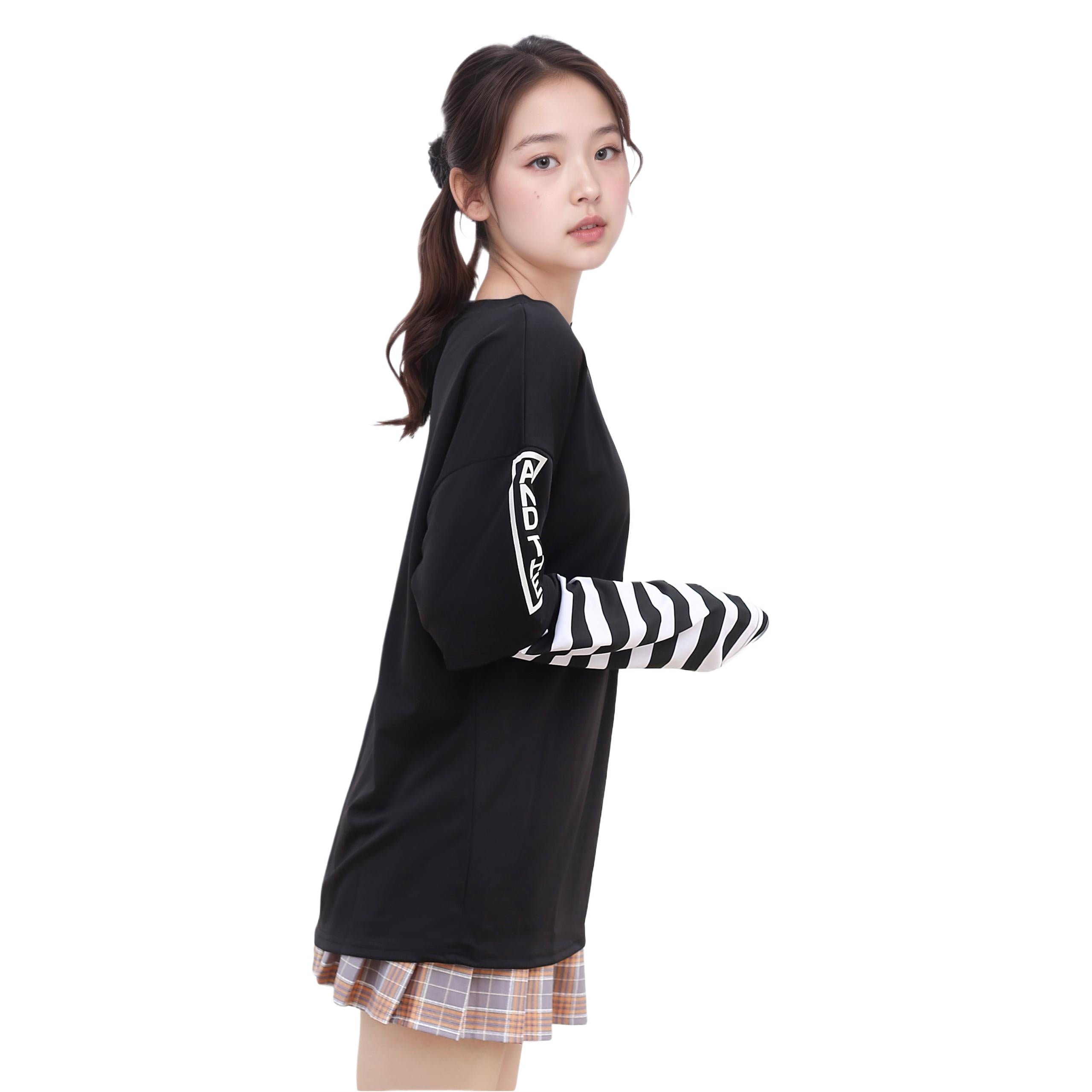 Kawaii Cold Shoulder Striped Long Sleeve Top Harajuku Oversized Fake Two-Piece T-Shirt