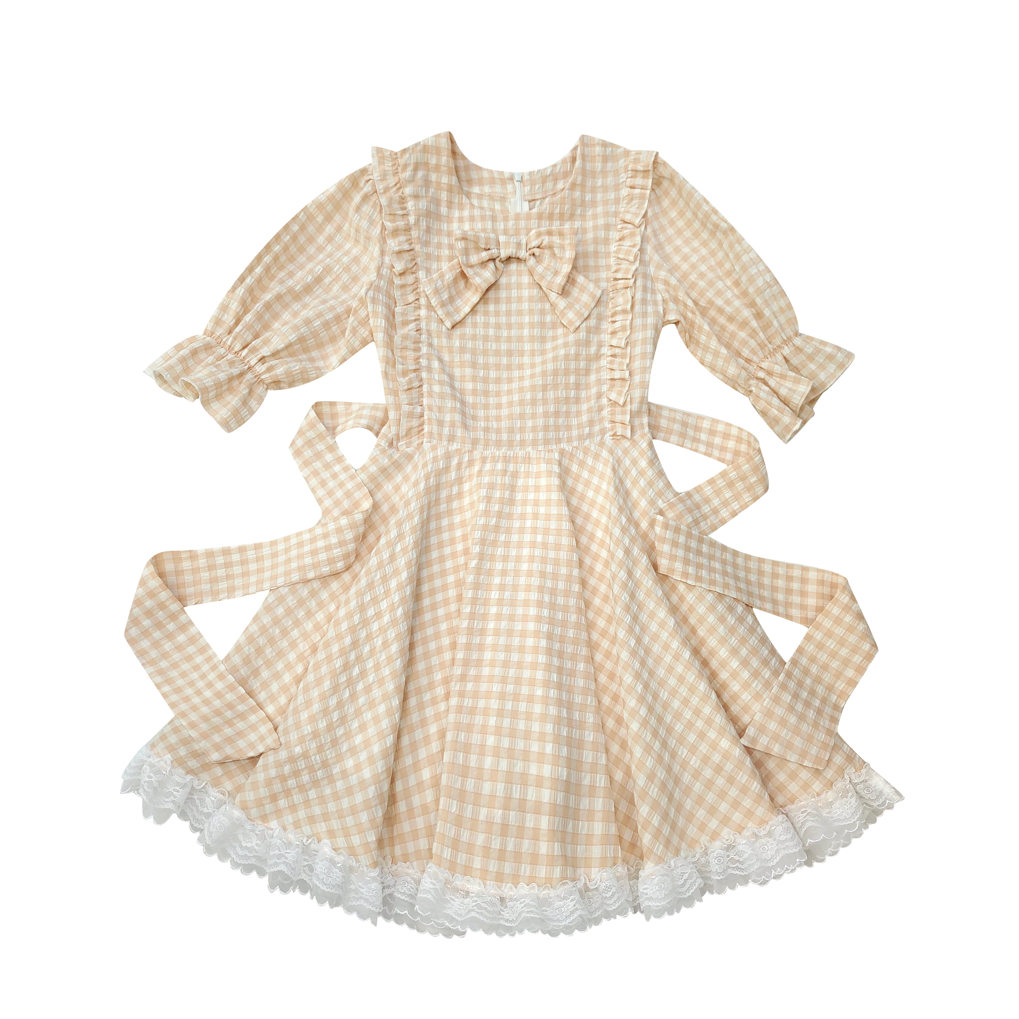 kawaii dress, gingham dress, puff sleeve dress, Japanese style dress, sweet lolita dress, bow tie dress