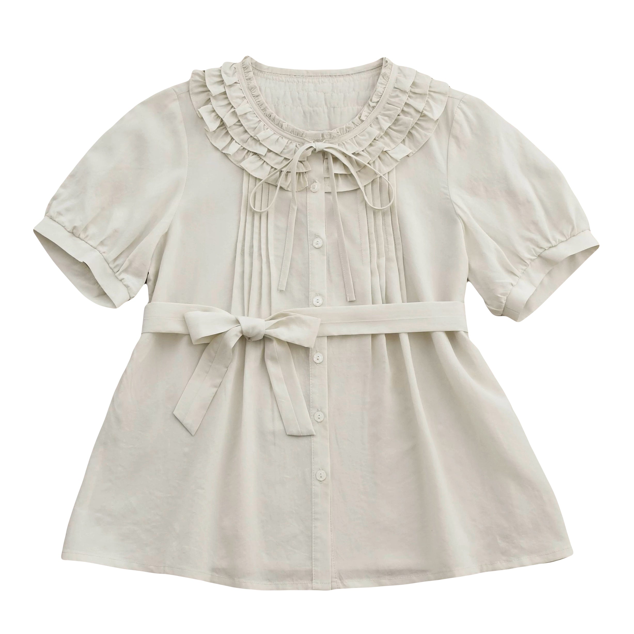 green puff sleeve lace blouse with bow tie waist