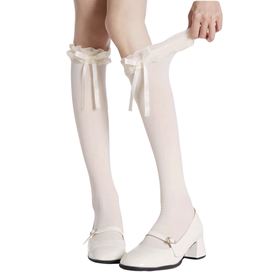 Kawaii Lolita Bow Over Knee Socks Sheer Nylon Thigh-High Stockings with Ruffles