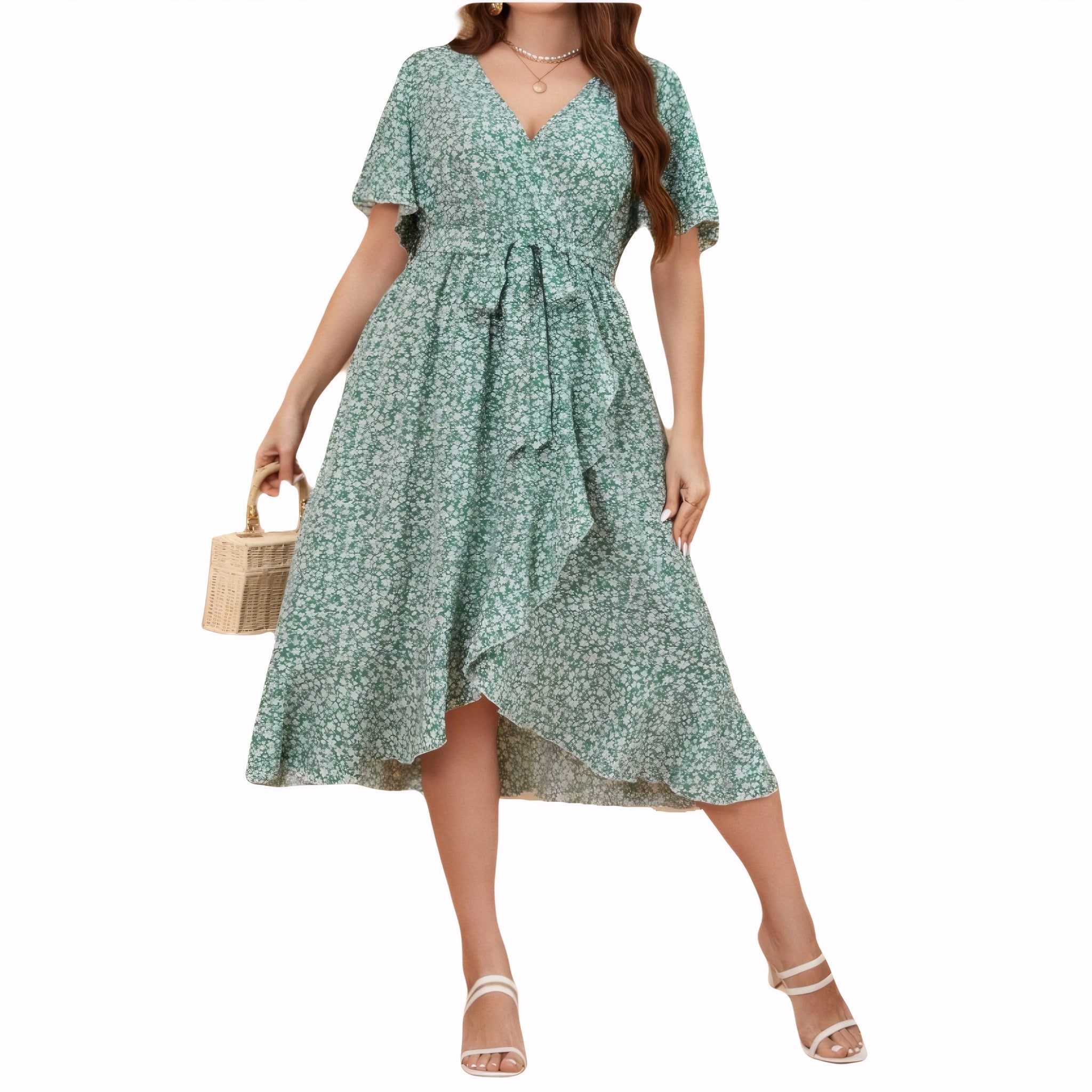 Plus size floral bohemian V-neck dress with ruffle hem and tie waist – summer midi A-line dress for curvy women
