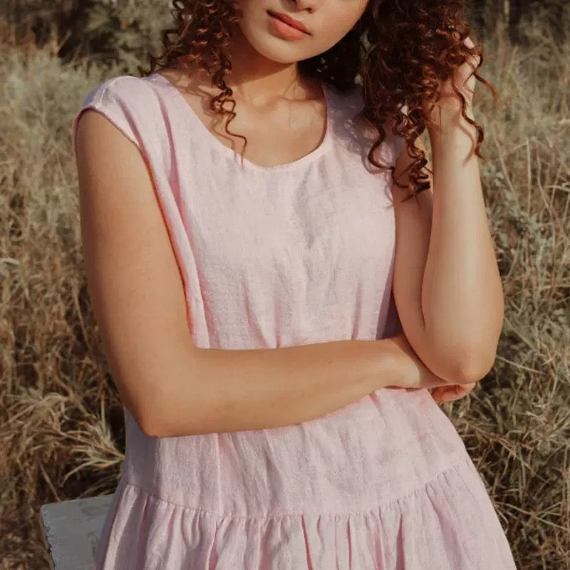 Women’s Summer Linen Sleeveless A-Line Dress Pink Casual Tiered Midi Sundress