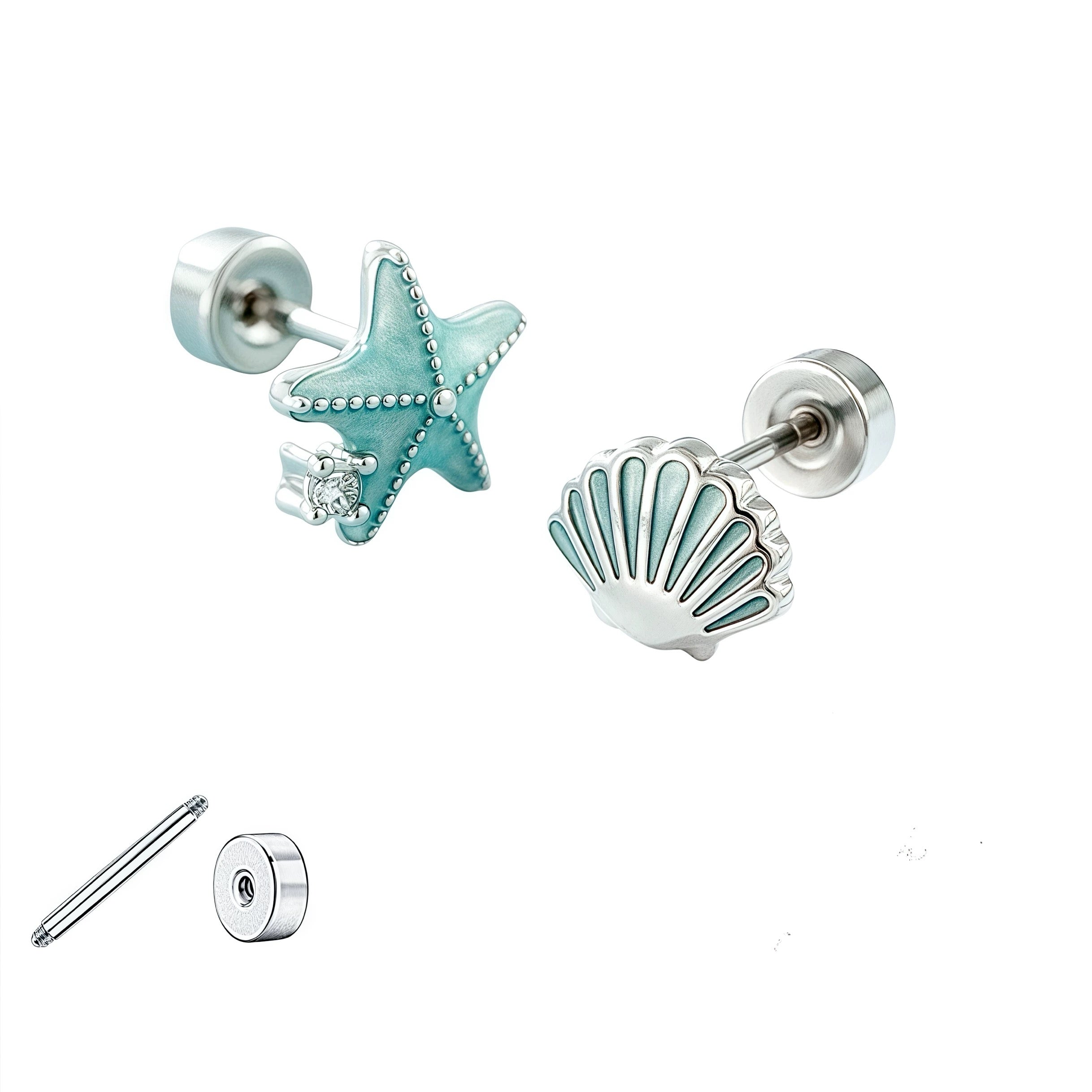 Titanium helix earring with ocean-themed starfish or seashell design, single piece