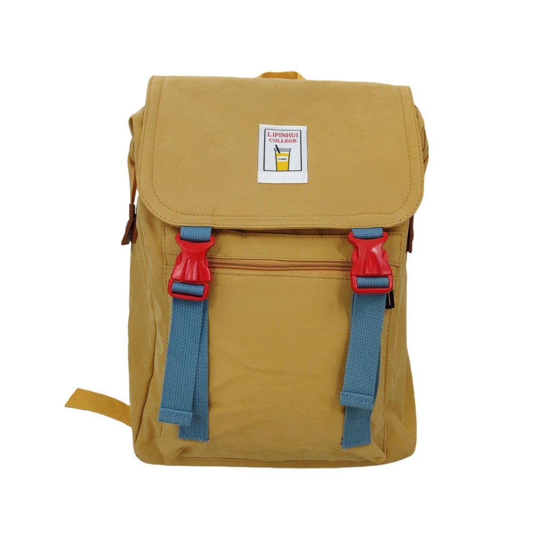 Yellow college style backpack with red buckle straps and blue accents, unisex canvas school bag