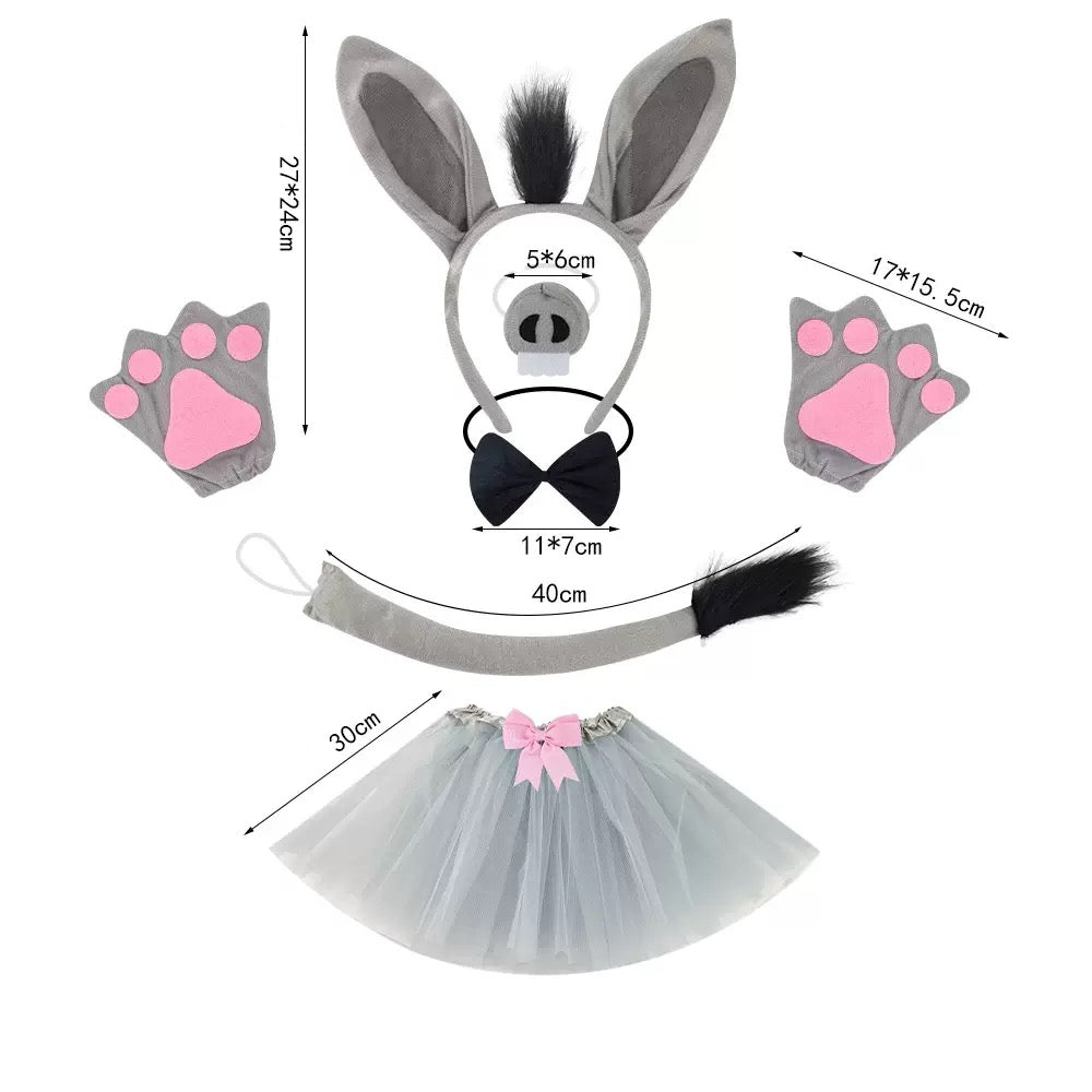 Brown bunny dress-up kit with fluffy ears, pink paw gloves, tail, and brown tulle skirt – party outfit.

