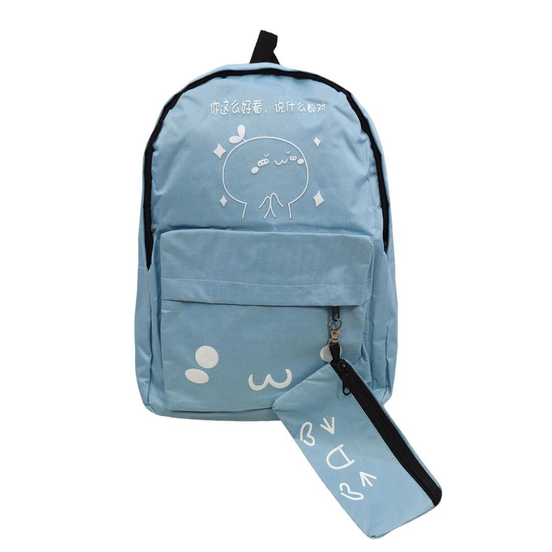 Kawaii Blue Anime Backpack with Expression Print & Pouch Cute School Bag with UwU Face