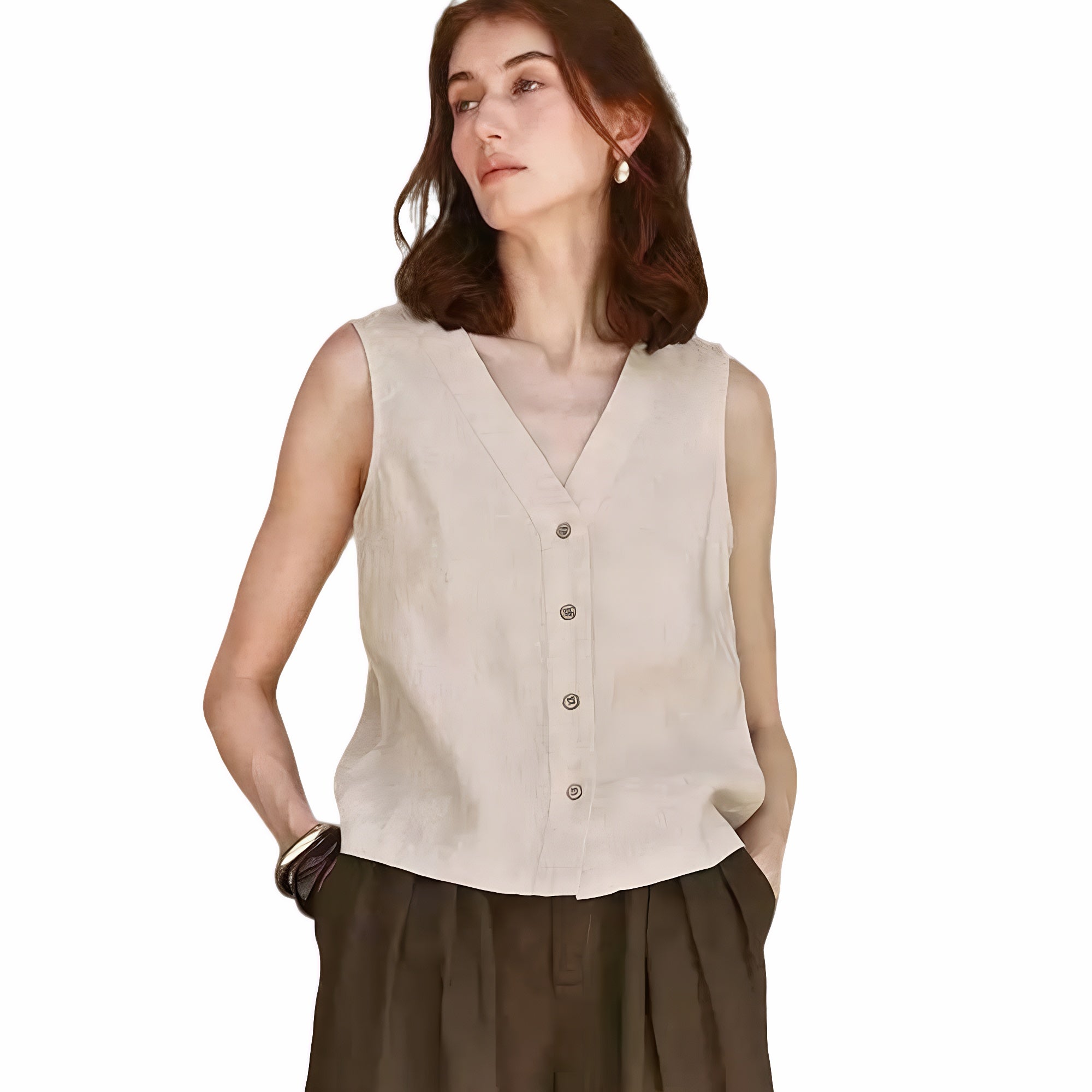 Beige linen sleeveless vest top with v-neck and buttons