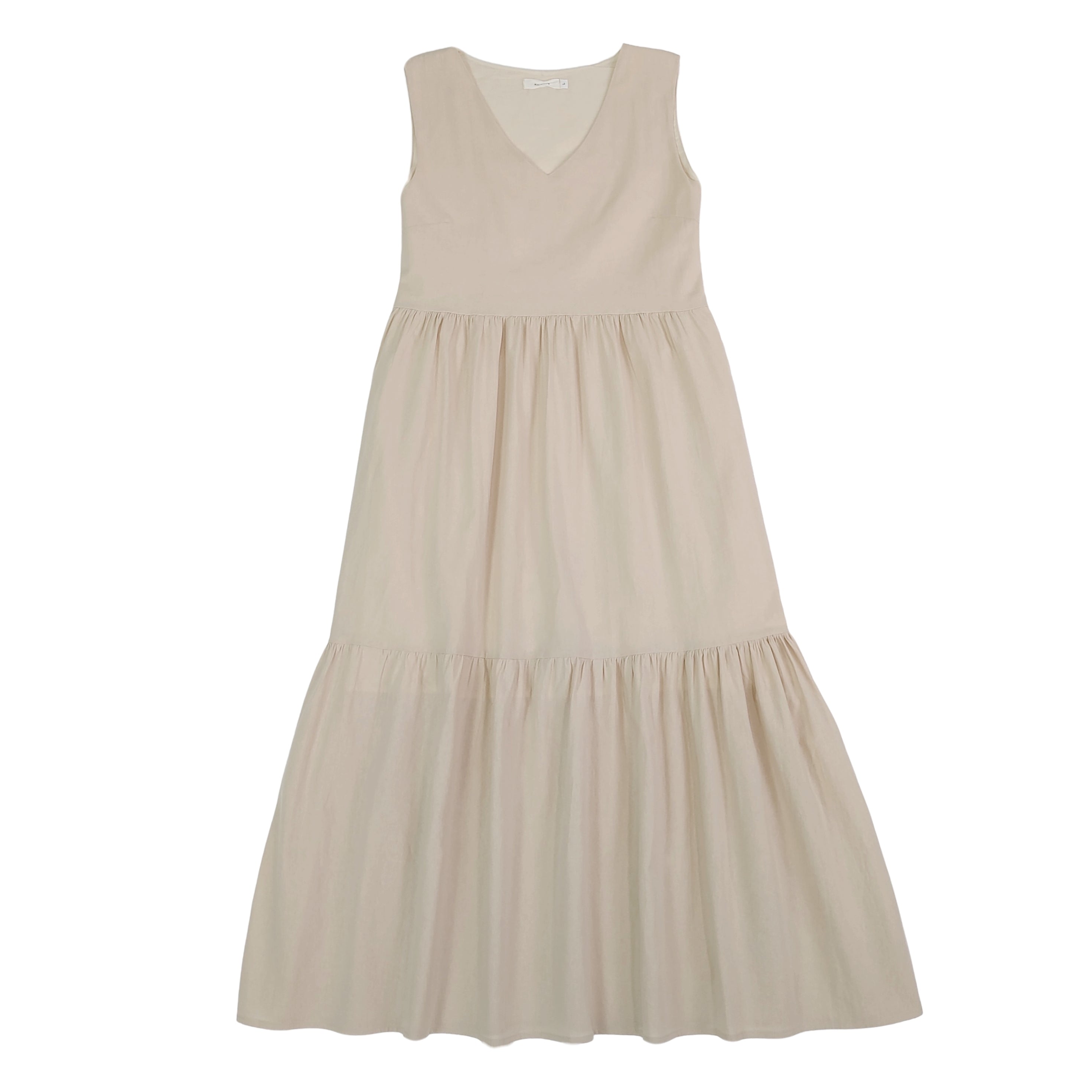 Elegant beige cotton V-neck maxi dress for women, sleeveless tiered sundress, casual summer outfit
