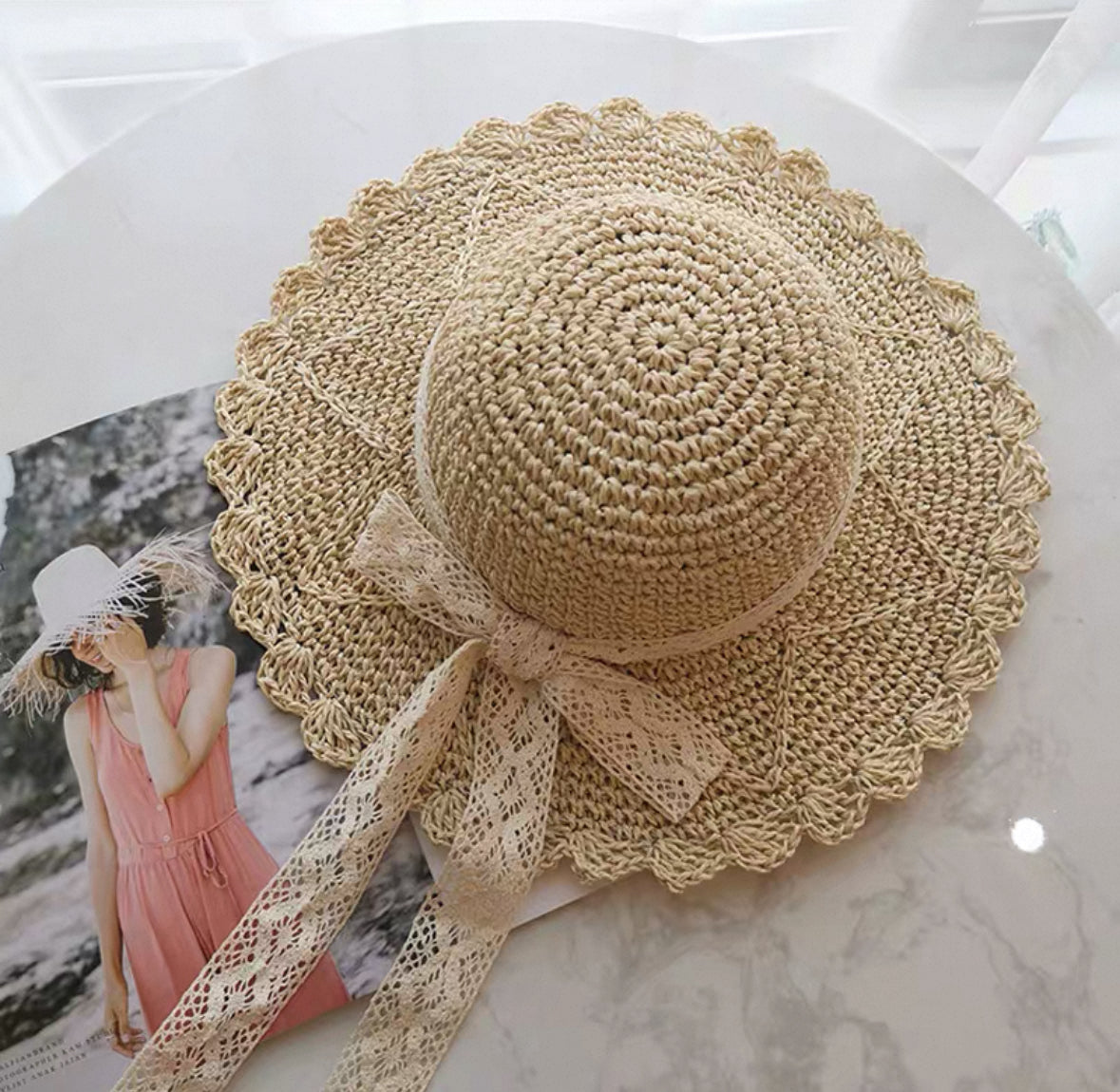Lace Bow Straw Hat for Women Summer Wide Brim Beach Sun Hat Adjustable Cute Ribbon Floppy Cap