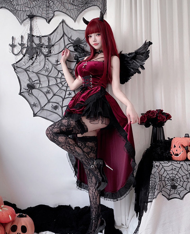 gothic vampire costume halloween witch dress, cosplay velvet gown high low tail dress