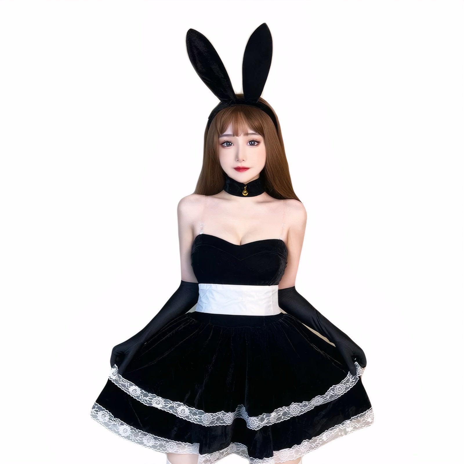Black bunny costume with white waistband and lace, perfect for sexy party cosplay.
