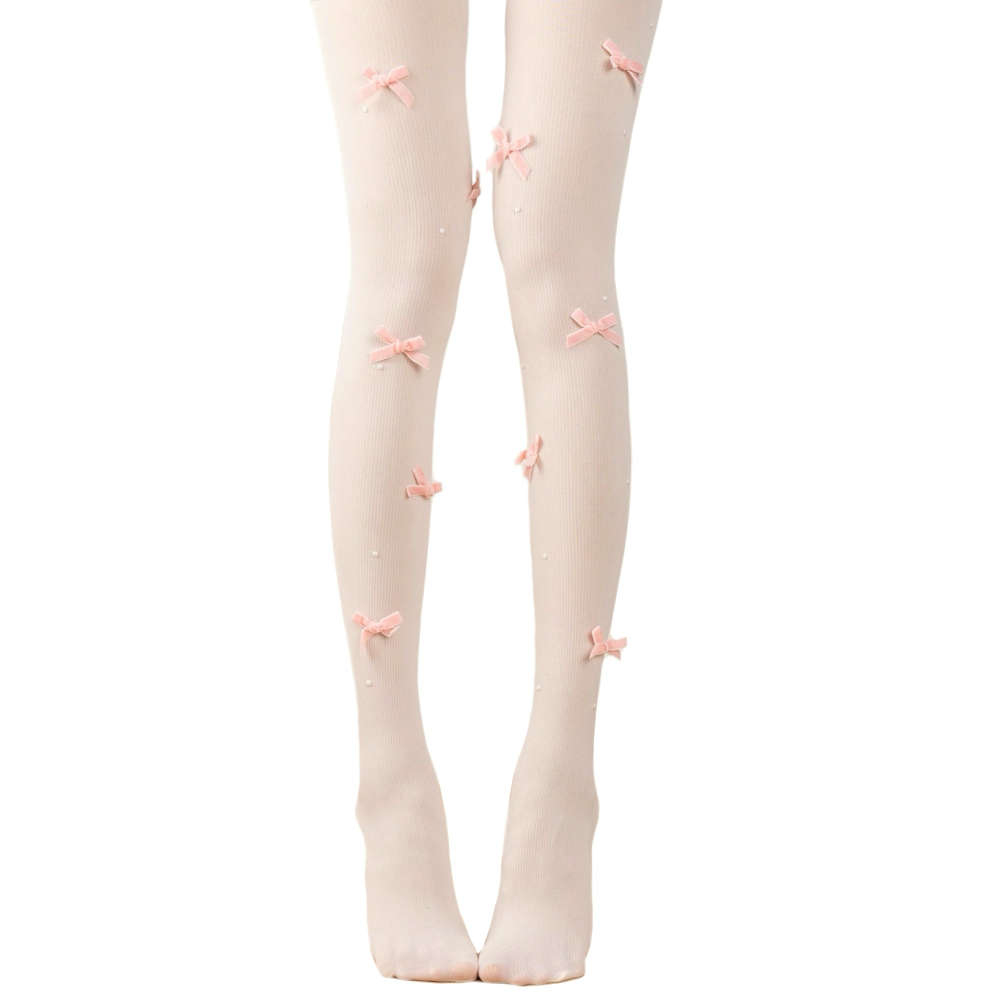 Cute beige pantyhose with cream bows and pearls for girls pearl decorated tights
