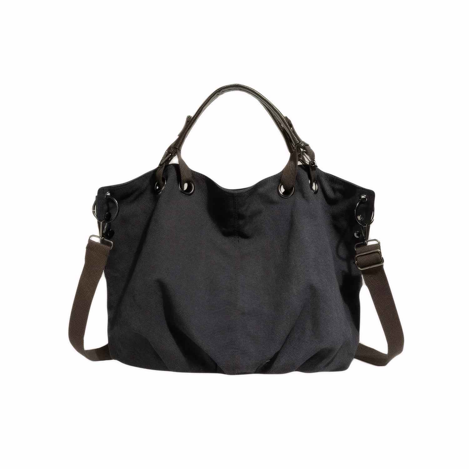 Black Canvas Tote Bag with PU Handles – Large Vintage Commuter Shoulder Bag