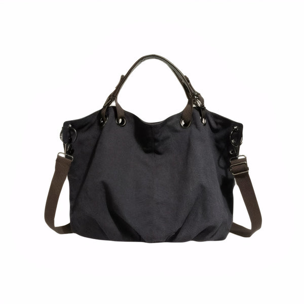 Black Canvas Tote Bag with PU Handles – Large Vintage Commuter Shoulder Bag