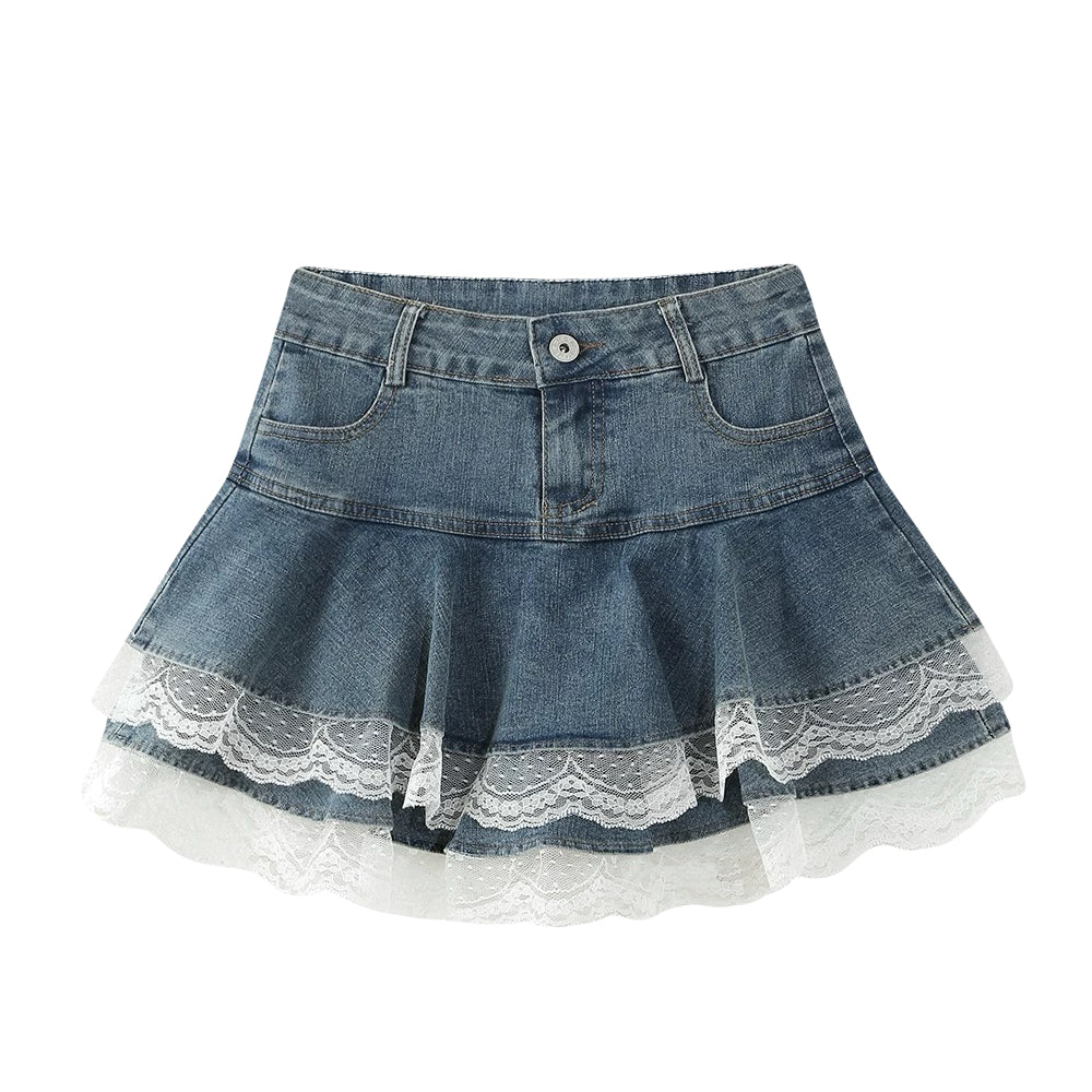Women’s vintage denim mini skirt with layered lace ruffle trim in blue Includes hidden modesty shorts to stay confident in every twirl