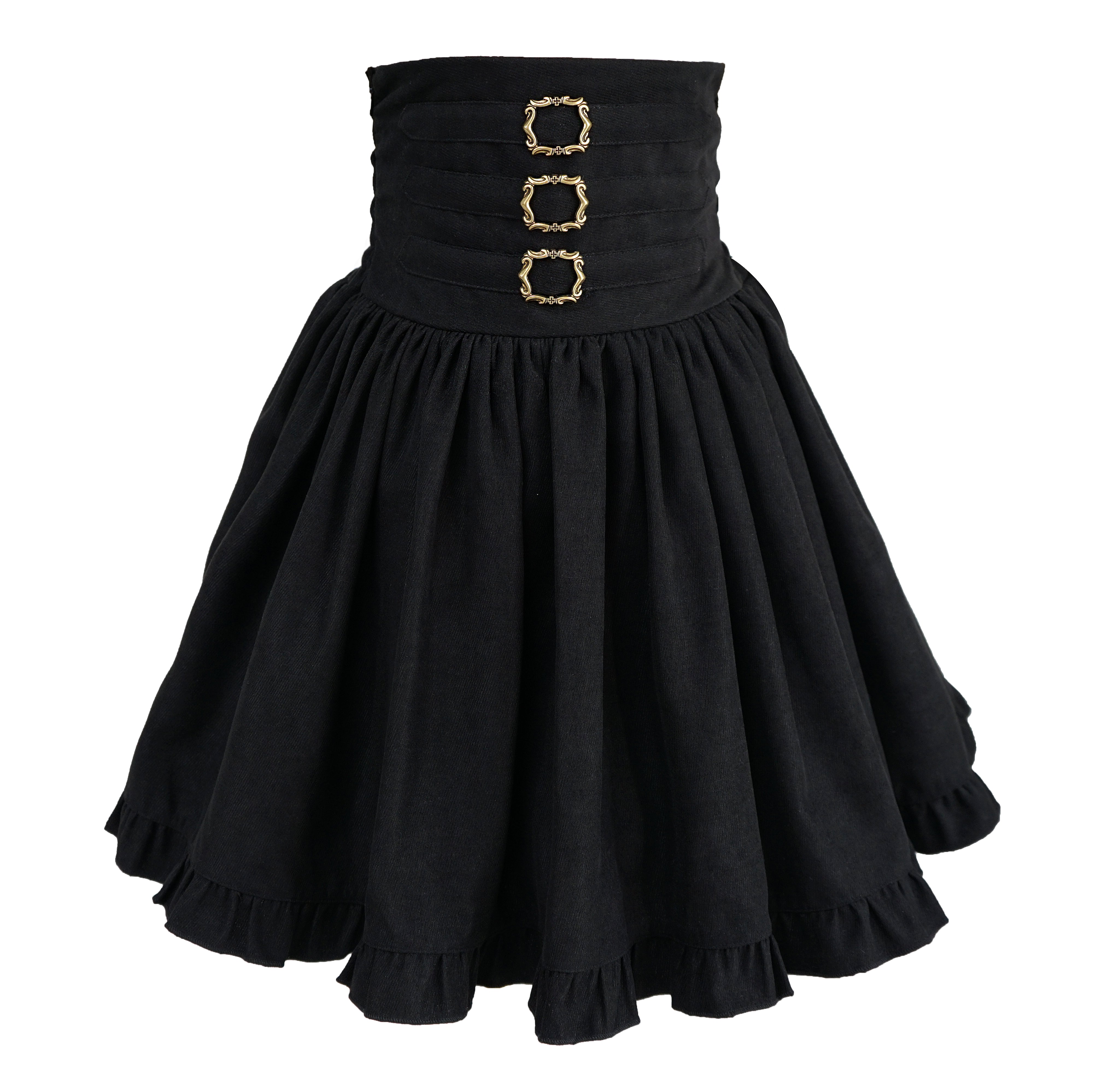 Vintage-style high-waist brown and black Lolita skirts with ruffled hem and decorative antique buckles