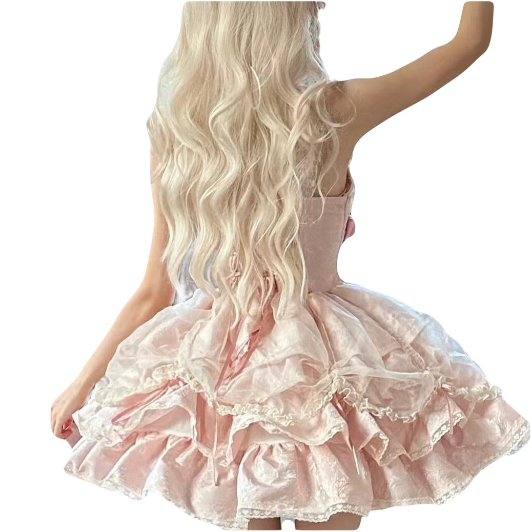 Pink princess-style dress with organza overlay and corset waist vintage lace dress