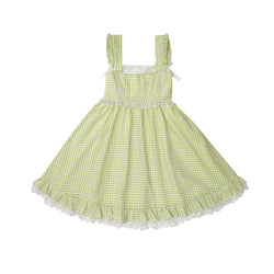 green kawaii checkered summer dress floral embroidery sundress A-line strap dress for girls