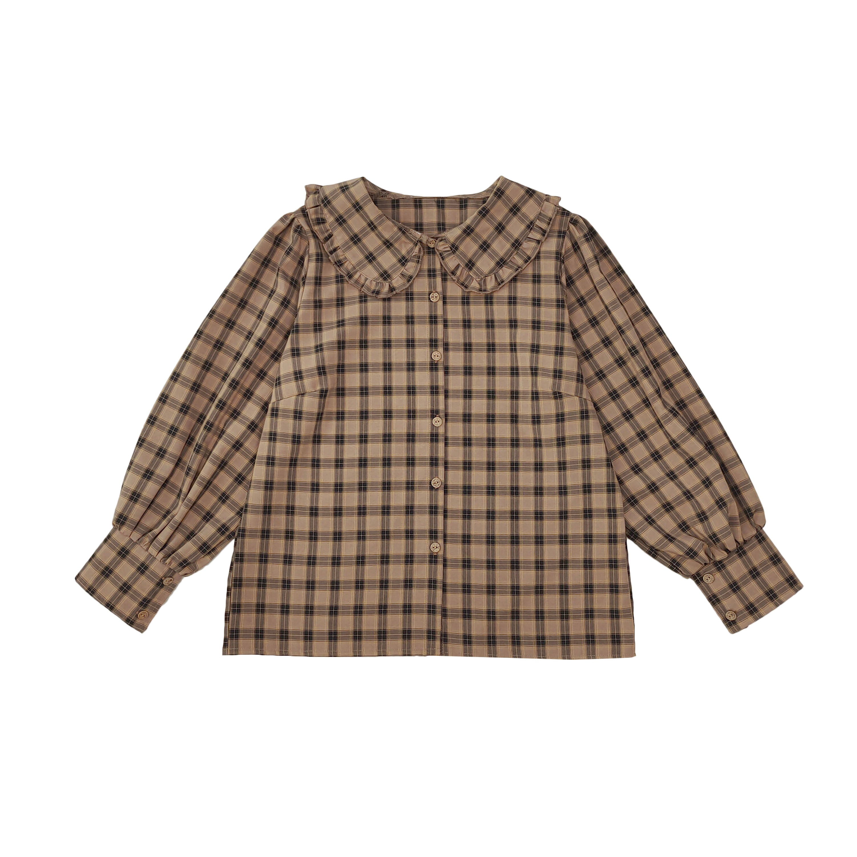 Brown plaid long sleeve blouse with Peter Pan collar and button-down front, vintage cottagecore style shirt for girls
