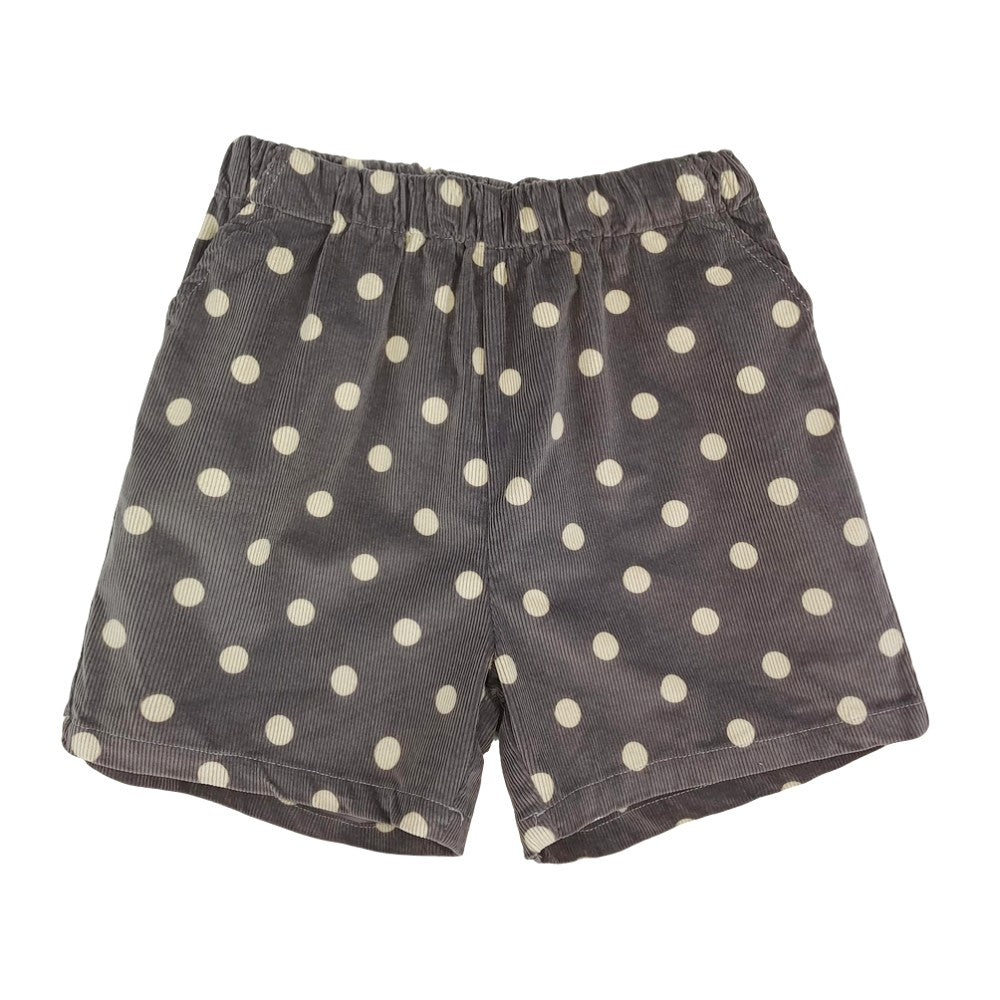 Dark gray corduroy shorts with cream polka dots, elastic waist