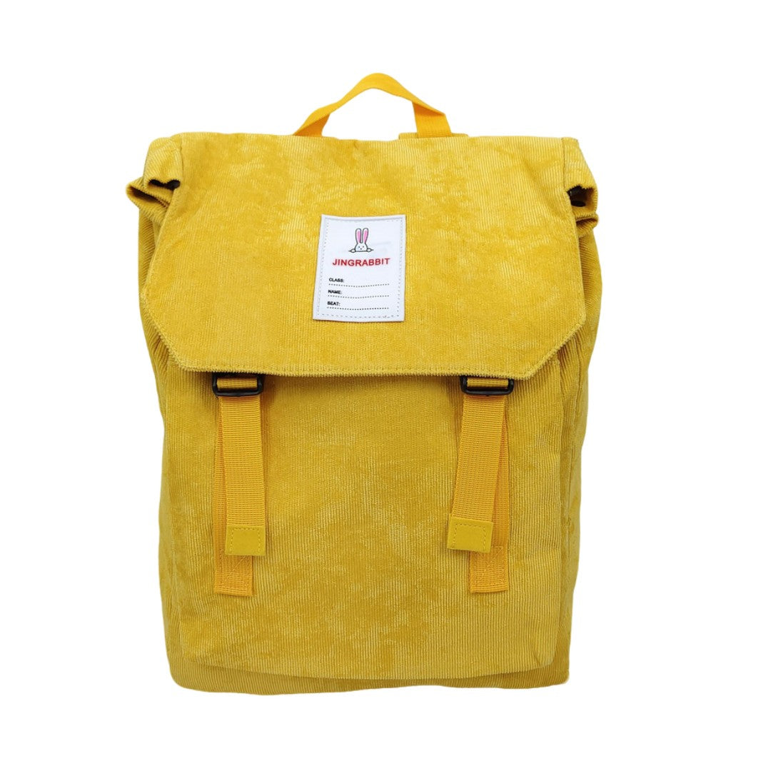 Vintage yellow corduroy backpack with flap buckle