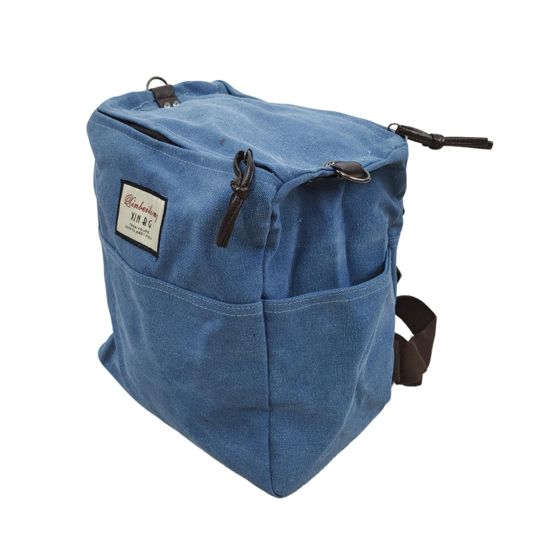 Clearance Blue Canvas Backpack with Brown Straps Casual Travel & School Bag