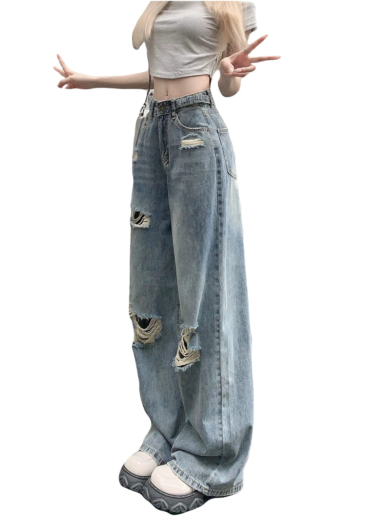 Plus Size Distressed Wide Leg Jeans for Women High Waist Loose Ripped Denim Pants