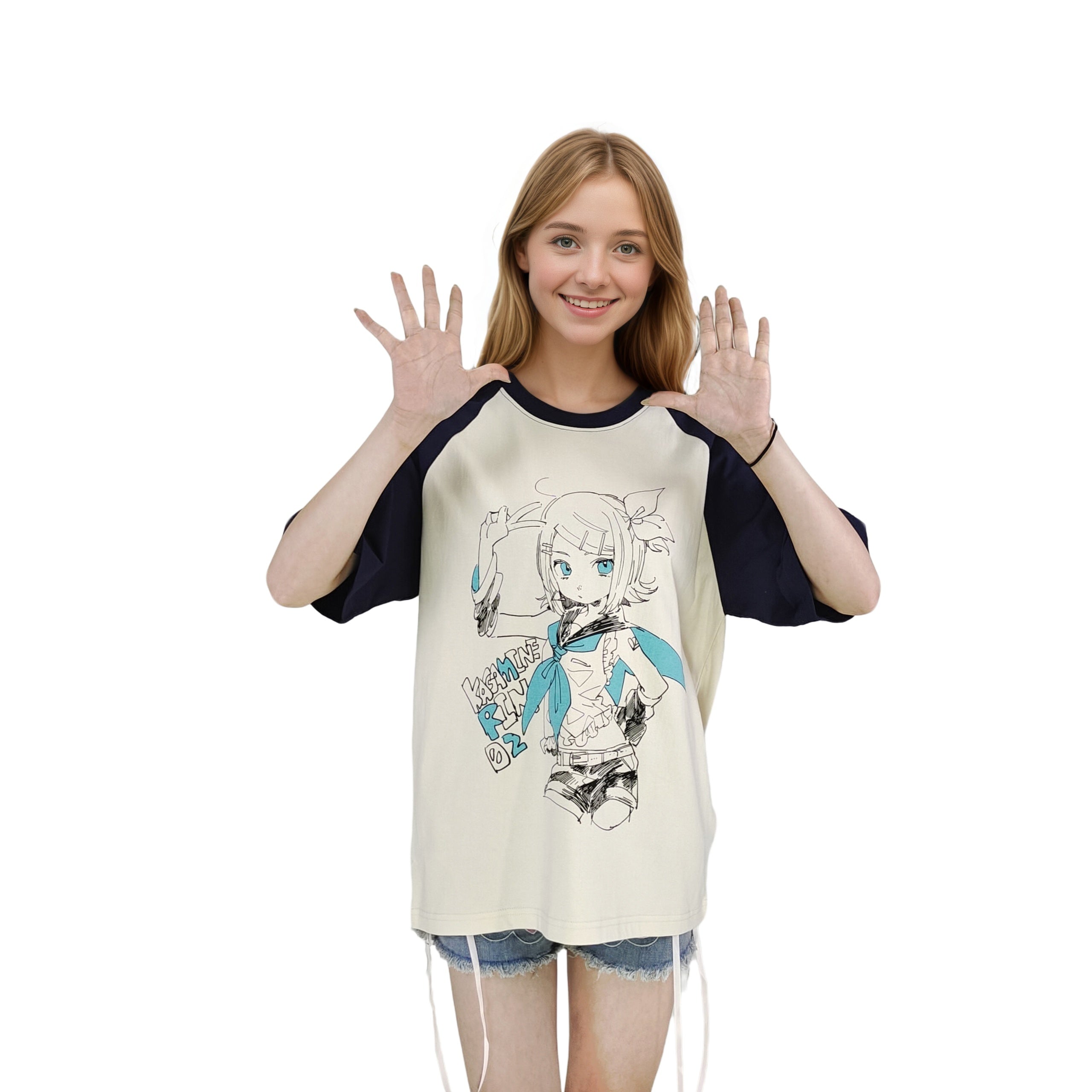 Flat lay of the Rin-printed T-shirt showing blue scarf and cartoon art
