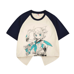 Kagamine Rin Anime T-Shirt for Girls Harajuku Loose Vocaloid Oversized Cotton Tee Raglan Sleeve