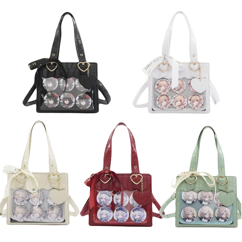 Kawaii Ita Bag with Heart Charms Croc Pattern PU Leather Anime Pin Display Shoulder Tote