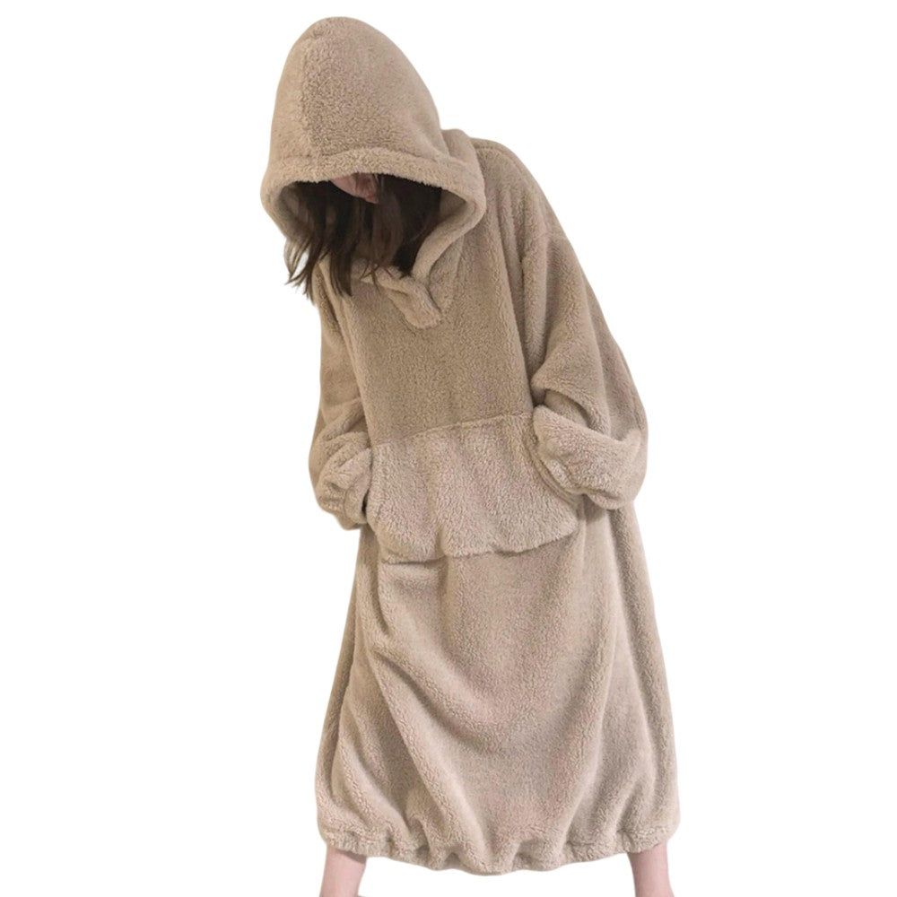 Oversized Coral Fleece Hoodie Sleep Dress Winter Warm Long Sleeve Loungewear Robe for Women