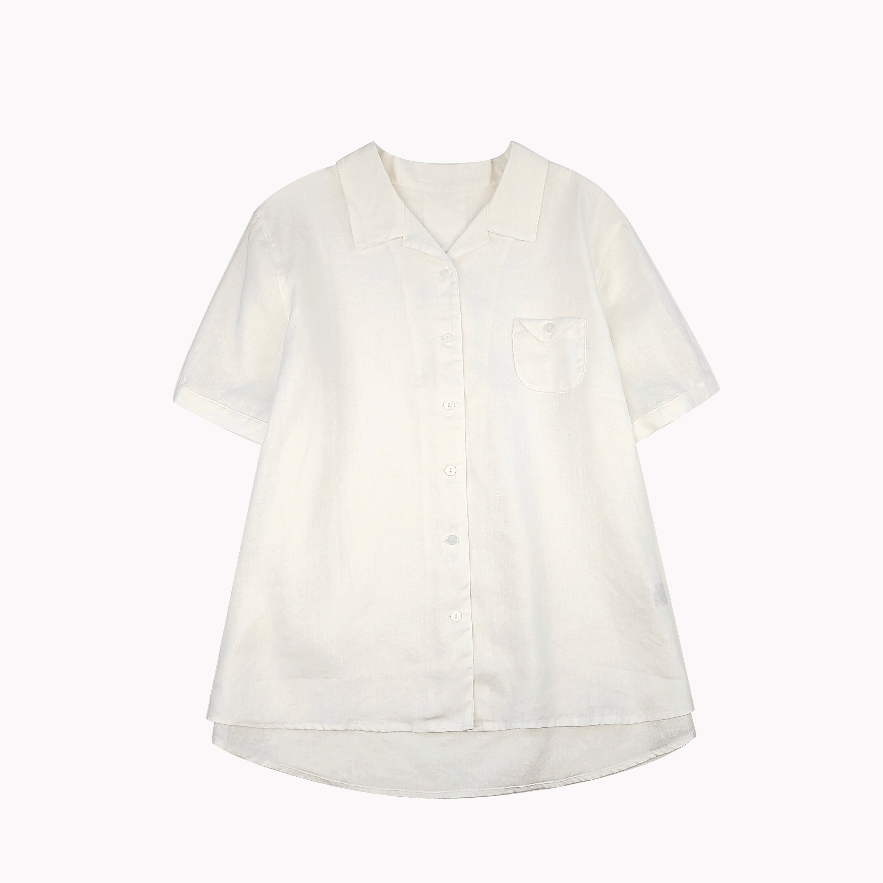 White short sleeve button blouse in breathable cotton linen fabric