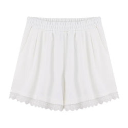 Model wearing high waist wide leg casual shorts with lace trim Loose Fit Short for Lady