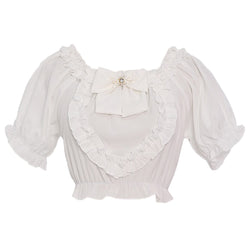 Pastel pink Lolita blouse designed with romantic ruffles, sweetheart neckline, and a cute center bow – soft and feminine