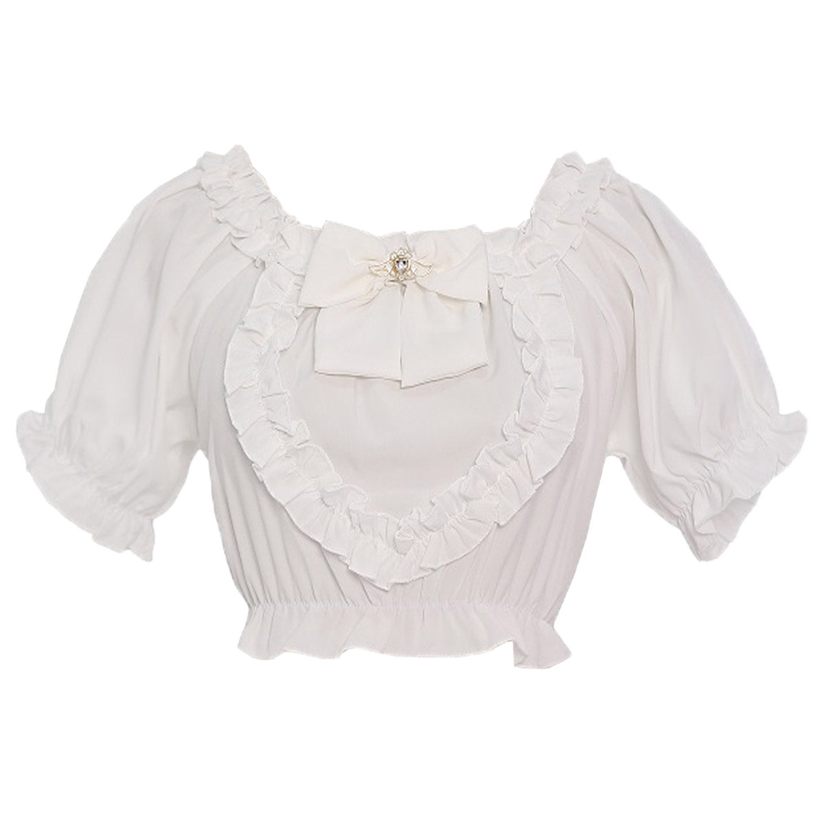 Pastel pink Lolita blouse designed with romantic ruffles, sweetheart neckline, and a cute center bow – soft and feminine