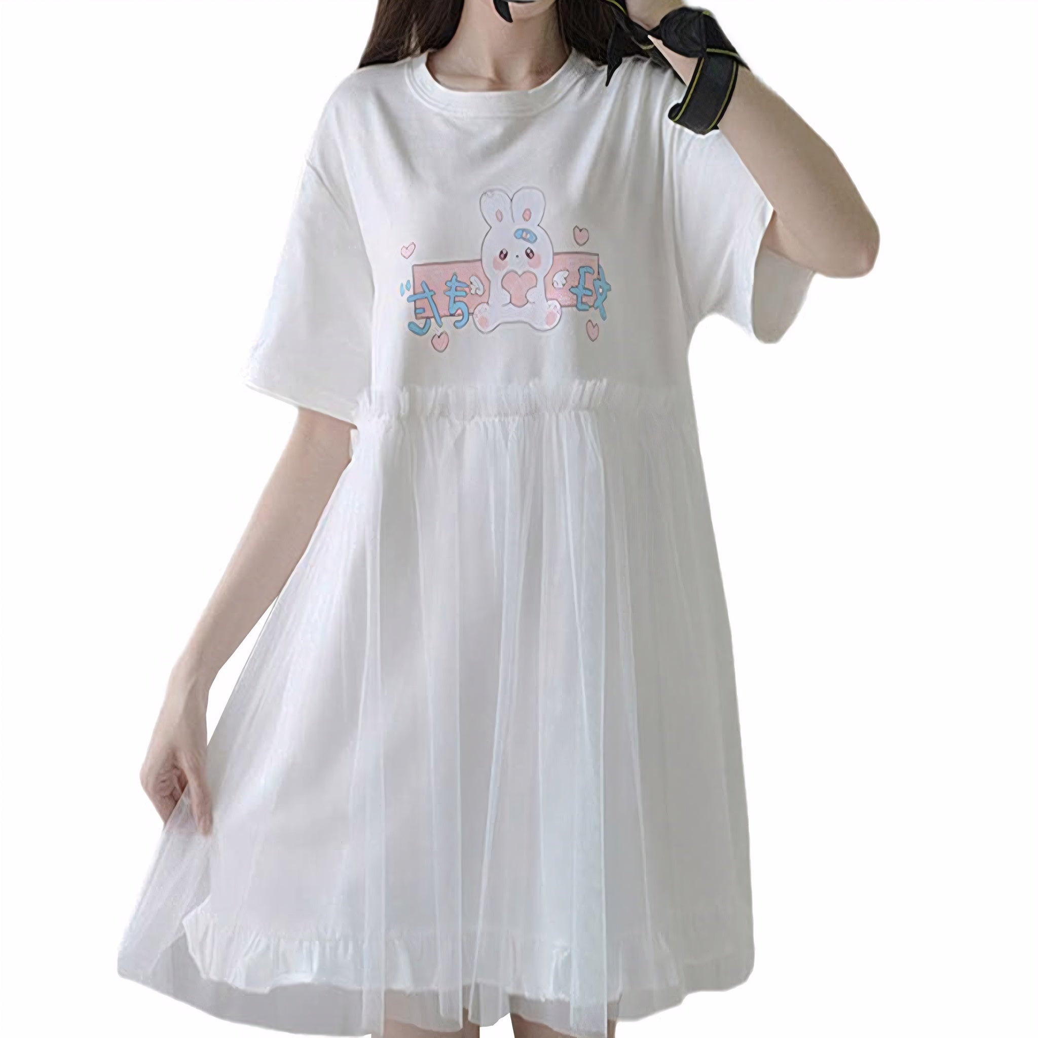 Girl wearing a white T-shirt dress with bunny print and sheer pleated mesh skirt in kawaii style