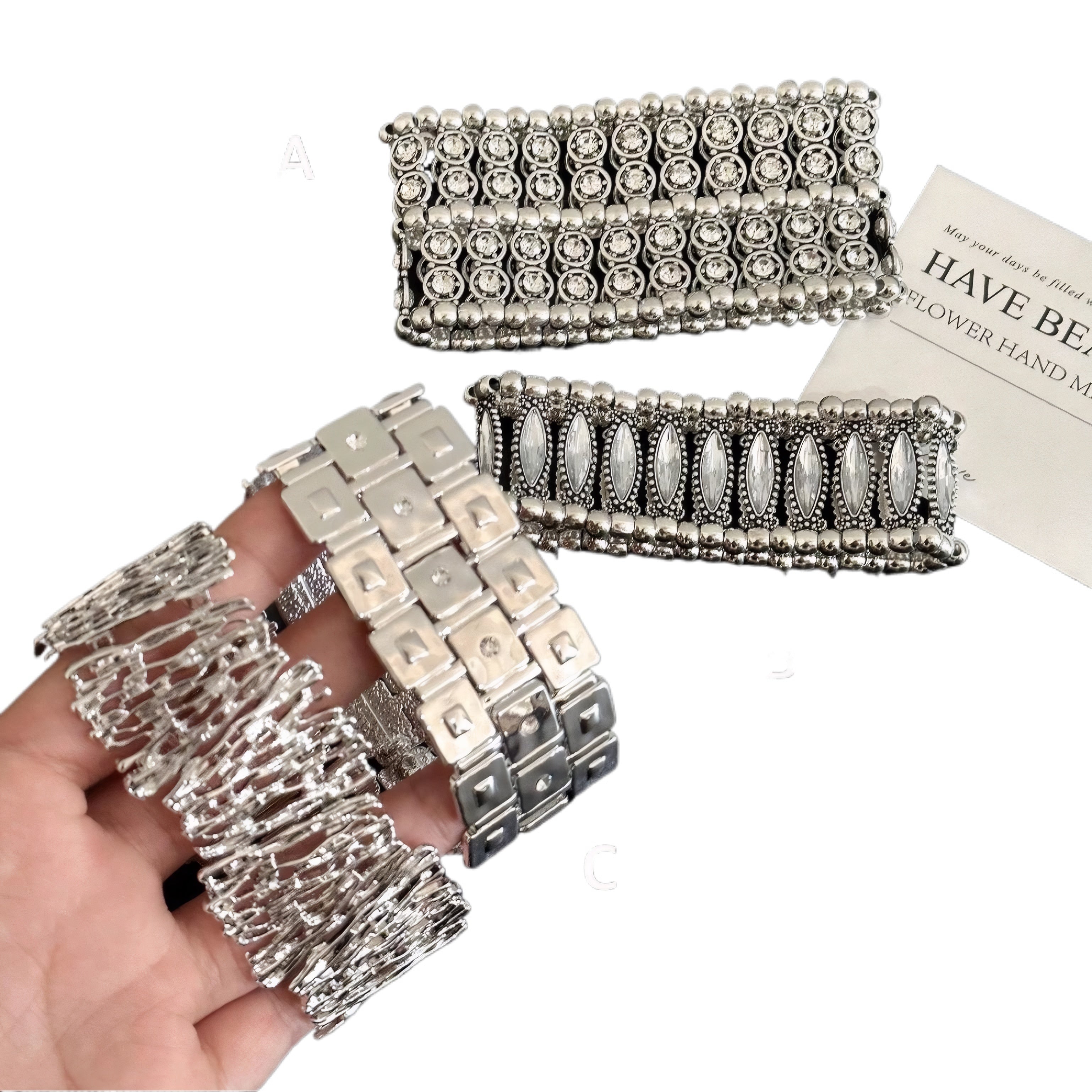Heavy rhinestone stretch cuff bracelet in 4 styles A, B, C, D for women – fashion wide bangle